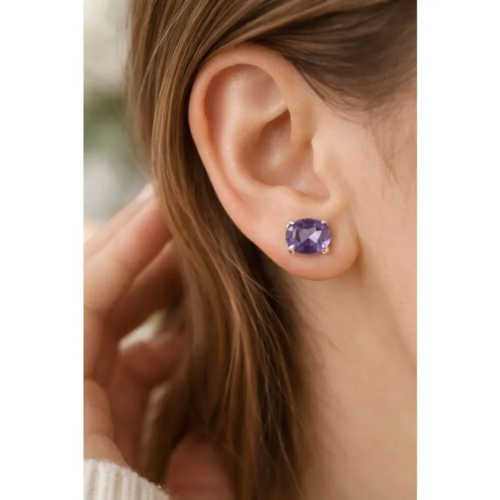 Oval Amethyst Stud Earrings Sterling Silver Elegant Purple Gemstone Classics New